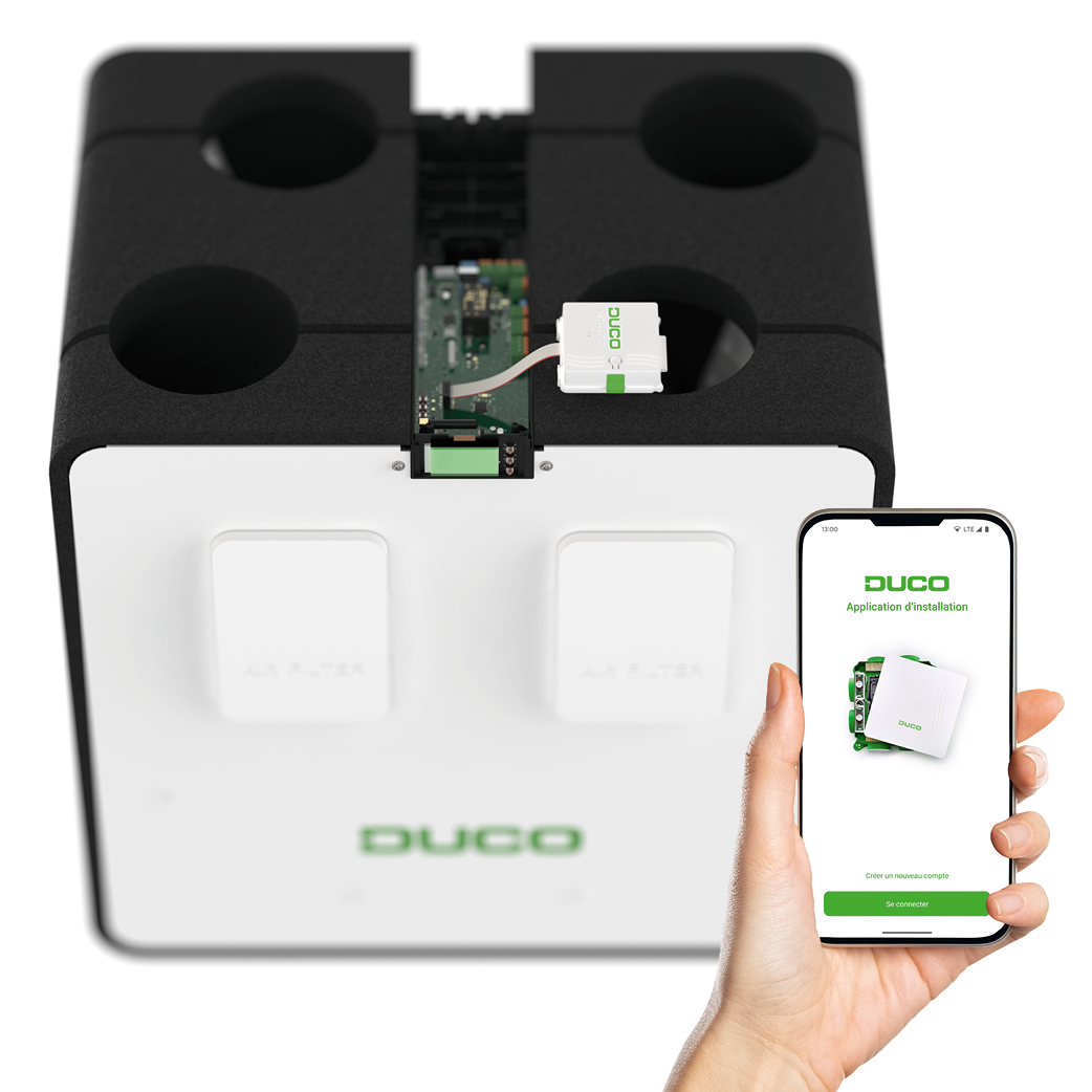 DucoBox Energy Comfort avec l'Appli DUCO Installation - aide pendant l'installation d'un eVMC DUCO