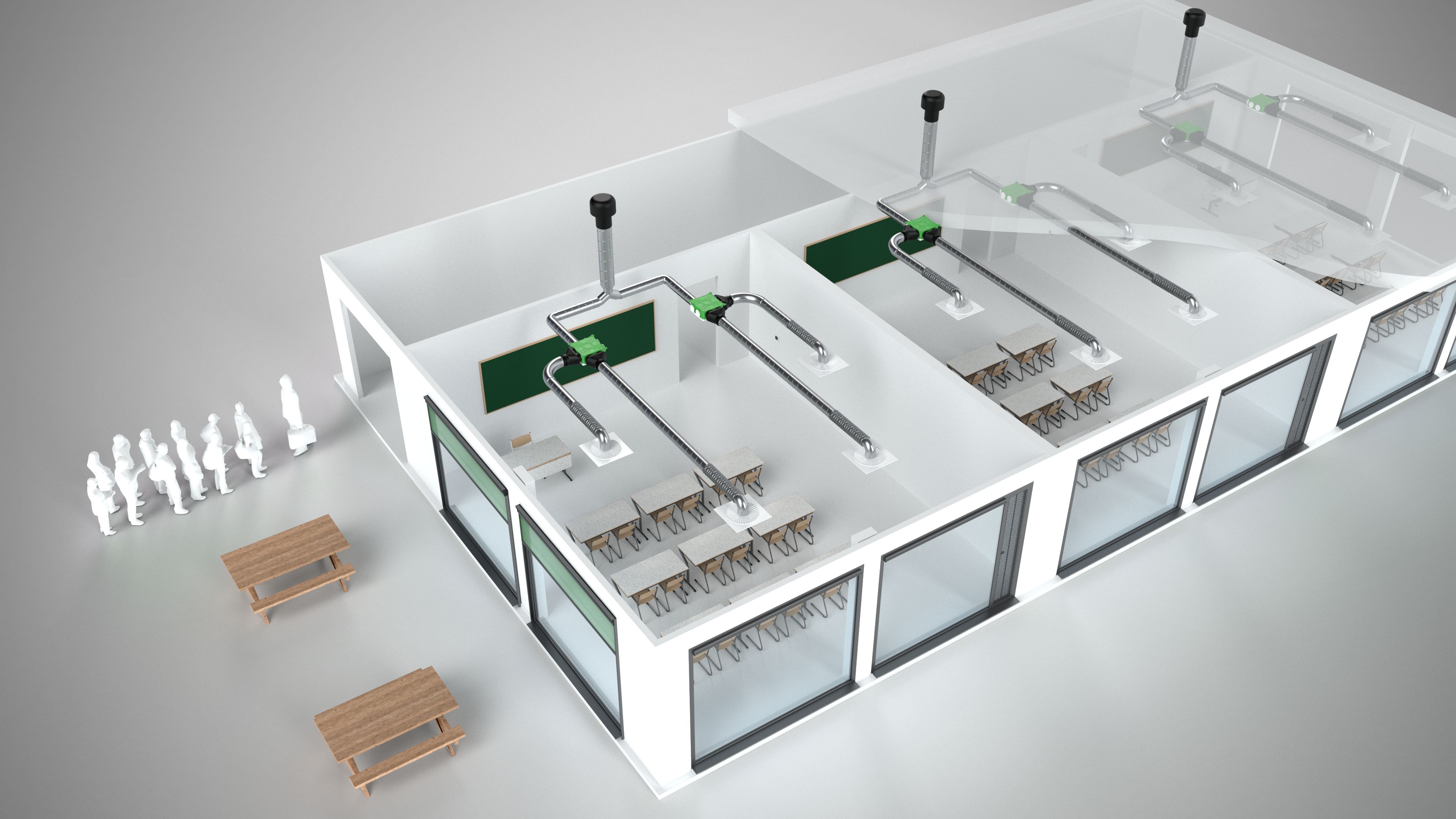 Schoolgebouw met decentrale ventilatie, een aparte ventilatiebox per klaslokaal