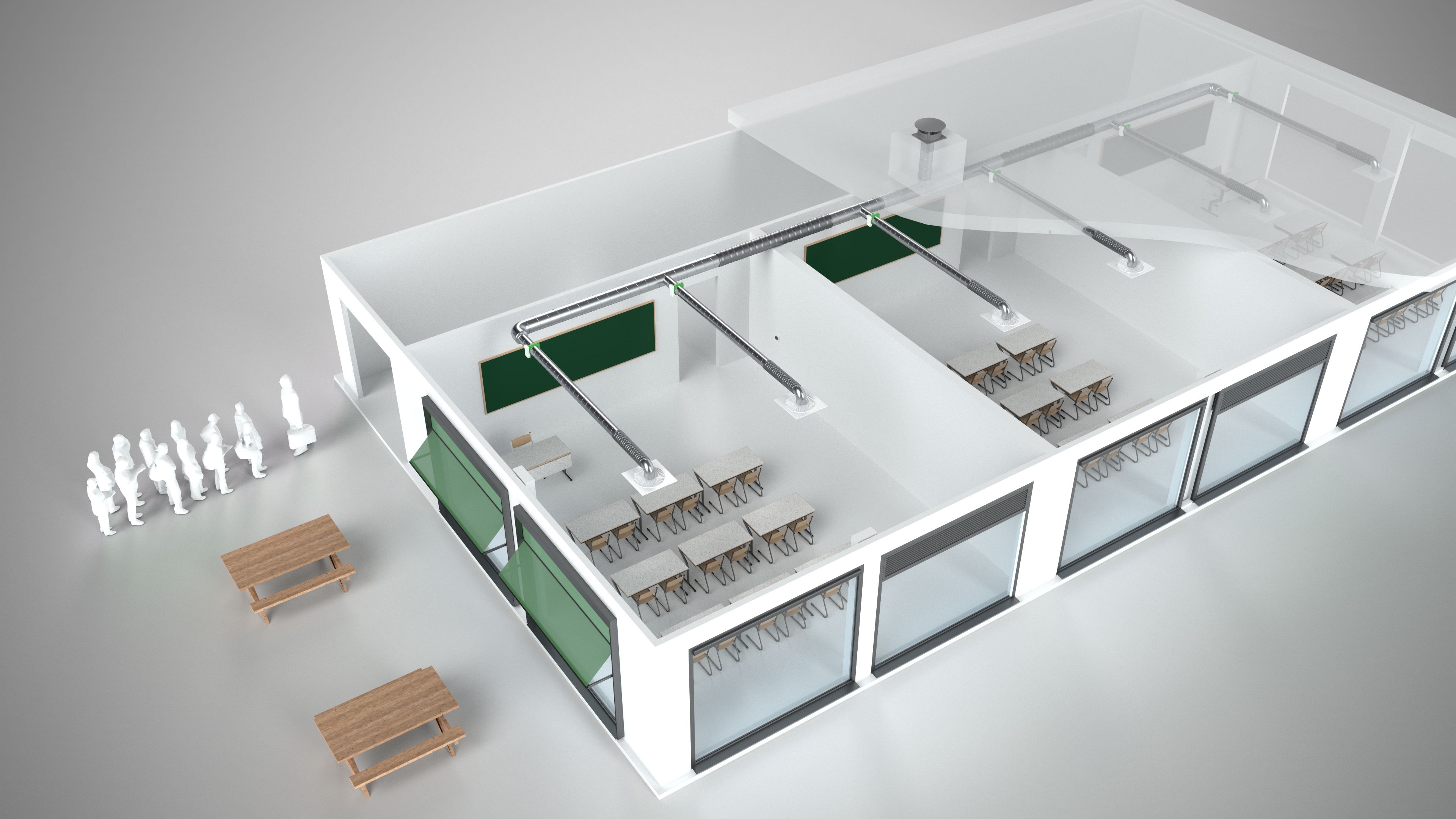 illustratie van een school met centrale of collectieve ventilatie