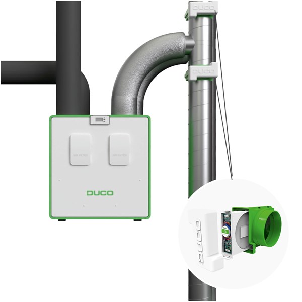 DucoBox Energy Comfort avec clapets multizones externes sur les conduits