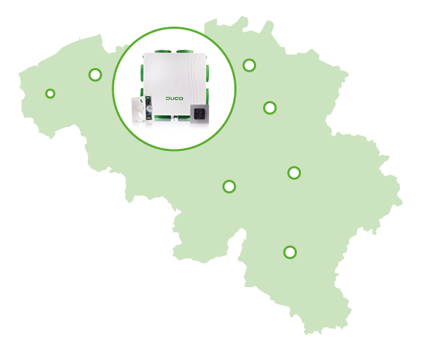 Carte de la Belgique avec le système de ventilation DucoBox