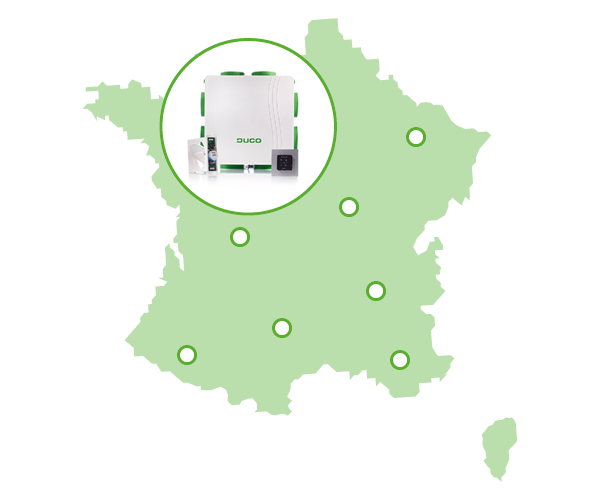 Carte de la France avec le système de ventilation DucoBox