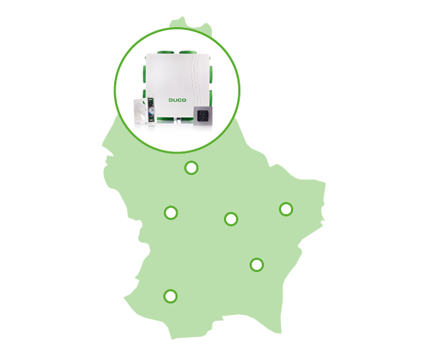 Carte de la Belgique avec le système de ventilation DucoBox