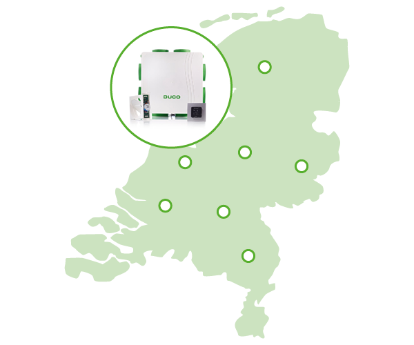 Kaart van Nederland met DucoBox ventilatiesysteem