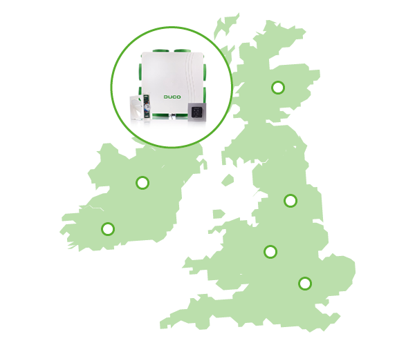 Map of United Kingdom and Ireland with DucoBox ventilation system