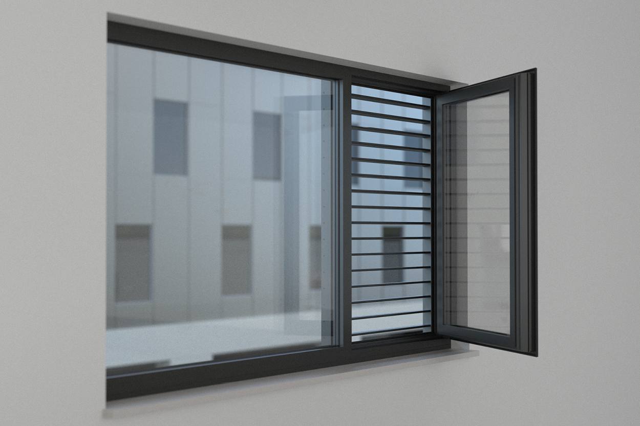 Open window with DUCO Barrier Load Louvres for ventilation, solar shading and fall protection