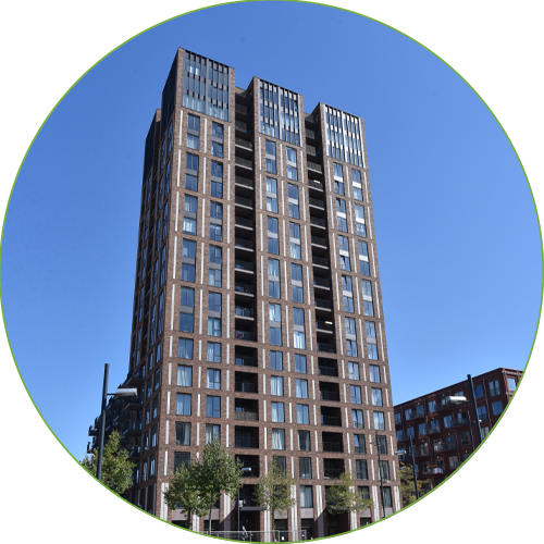 Facade of BLOK 59 residential tower at De Strijp in Eindhoven